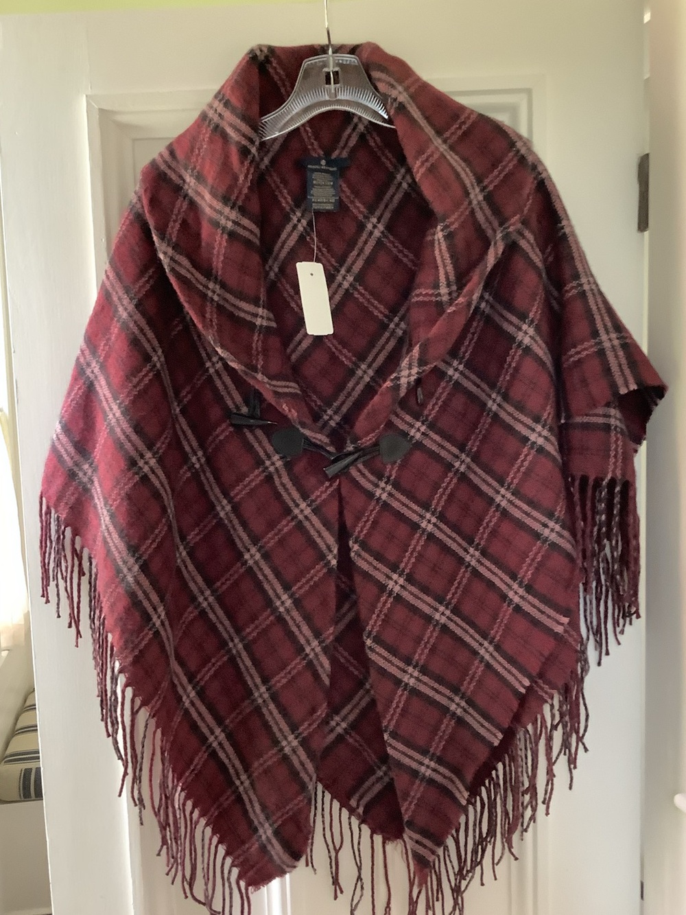NWT Brooks Brothers Burgundy/Black Plaid Fringe Poncho With Double Toggle OS